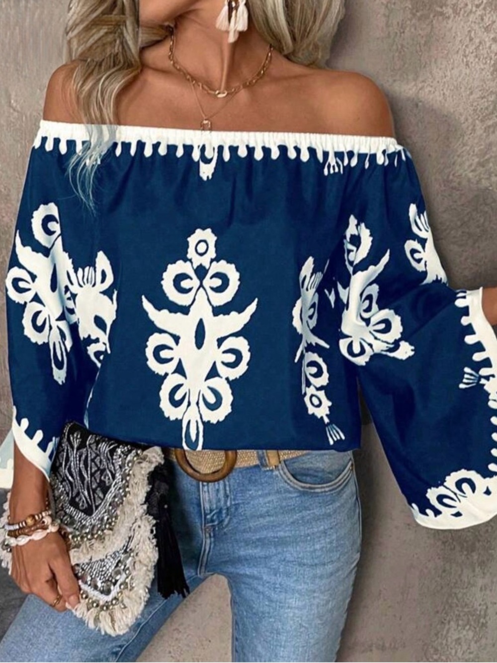 Blue Off-Shoulder Blouse with Vintage Print - Picture 2 of 3